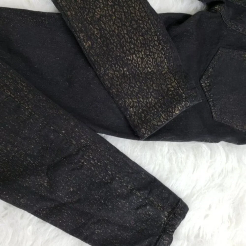 Free People Gold Leopard Print Jeans Y2K Denim Black Cheetah size 25 Stretch